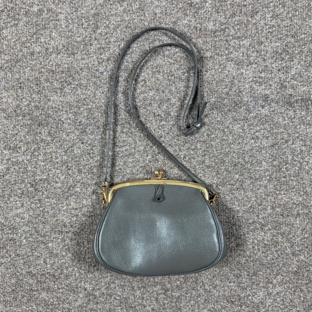 Vintage Etra Grey Leather Kisslock Frame Mini Crossbody Shoulder Bag Clutch 90s